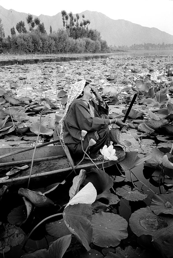 Photographie noir et blanc de Marie Dorigny d'une femme de pêcheur au milieu des fleurs de lotus, sur le lac Dal, Atelier Galerie Taylor à Paris